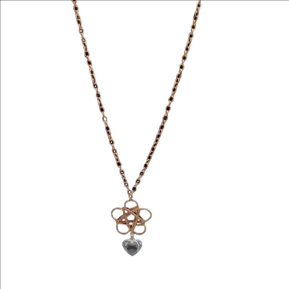 Gold Daisy Flower Crystal Heart Pendant Long Necklace